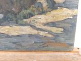 an oil painting of a mountain scene with a river in the foreground