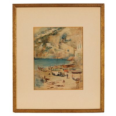 une image représentant une peinture d'une scène de plage avec des bateaux sur l'eau