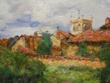 tableau représentant un village avec une église en arrière-plan