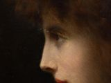 a close up of a painting of a woman ' s face