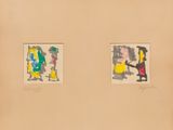 three different colored drawings of a man and a woman with a guitar