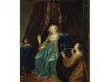 un tableau représentant une femme agenouillée à côté d'un homme vêtu d'une robe bleue