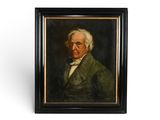 an old painting of a man in a green coat and white shirt