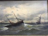 une peinture représentant un bateau sur l'eau, avec d'autres bateaux en arrière-plan