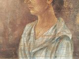 painting of a woman in a blue dress with a flower in her hair