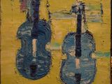 yellow and blue painting of a violin and a violin player