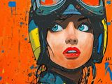 painting of a woman wearing a helmet and goggles on an orange background