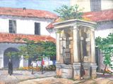 a painting of a building with a fountain in front of it
