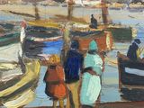 a painting of a group of people standing on a dock