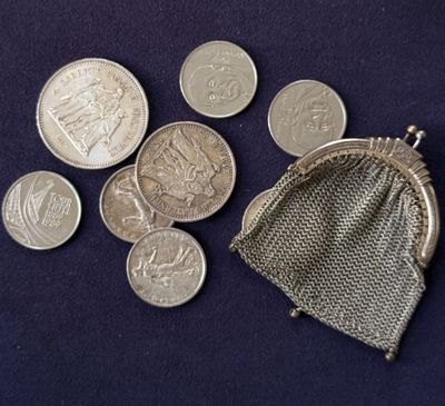 several coins in a mesh bag on a blue surface