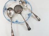 three spoons and two spoons on a blue and white plate