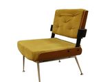 an image of a yellow chair with metal legs and a brown seat