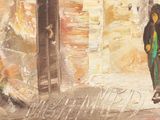 a painting of a woman walking down the street with an umbrella