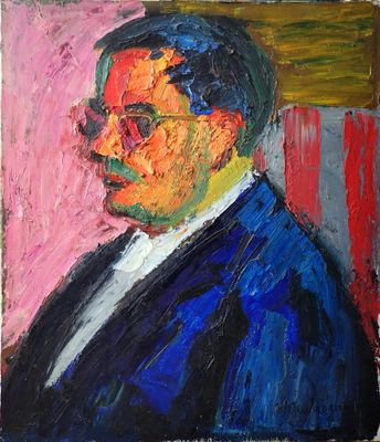 painting of a man in a suit and glasses in front of a pink wall