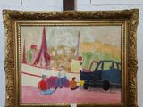 une peinture à l'huile représentant une voiture garée dans la rue, à côté d'un immeuble