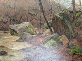 a painting of a stream running through a wooded area