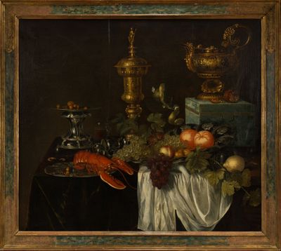 peinture d'une nature morte de fruits et légumes sur une table