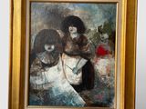 painting of a group of people with masks and a red rose in a gold frame