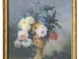 an image of a painting of flowers in a gold vase on a table