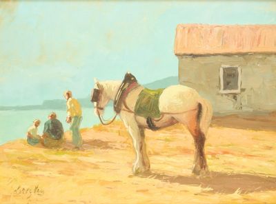 un tableau représentant un cheval sellé sur la plage