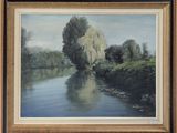 an oil painting of a river scene with a willow tree in the foreground