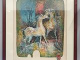 painting of two horses in a field with trees in the background