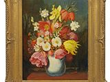 painting of a vase of flowers on a table in a gold frame