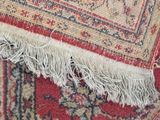 close up of a red and blue oriental rug with fringes