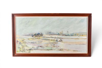 peinture à l'huile encadrée représentant un paysage avec une rivière et quelques personnages