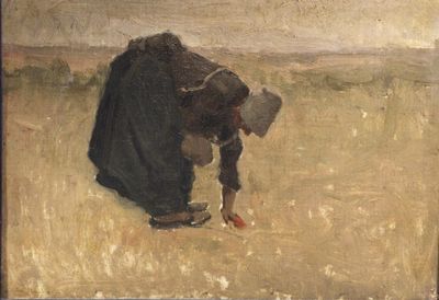 painting of a woman bending down to pick something from the ground