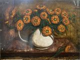 une peinture de fleurs dans un vase blanc sur une table