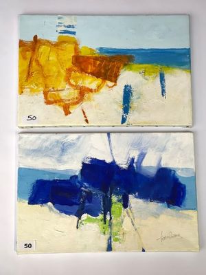 deux tableaux réalisés à la peinture bleue et jaune sur un fond blanc