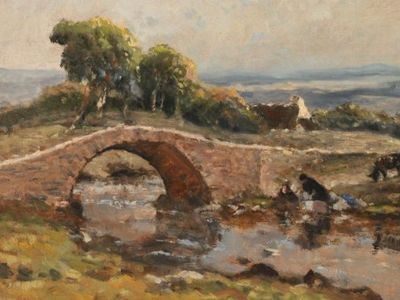 un tableau représentant un pont sur lequel traversent des vaches