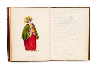 an open book with a drawing of a woman in a red dress