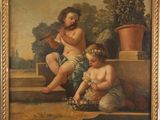 an old painting of two children sitting on a ledge playing a flute