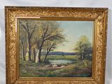 tableau représentant un paysage avec des arbres et une rivière, dans un cadre doré
