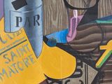 a painting on the wall of a bar with a bottle of wine