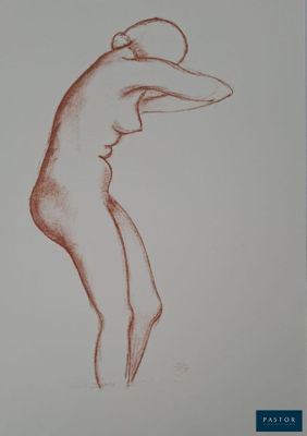 dessin au crayon représentant une femme nue appuyée sur sa tête