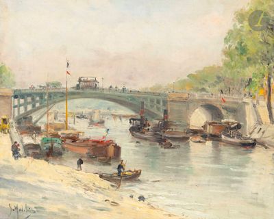 un tableau représentant des bateaux sur l'eau près d'un pont