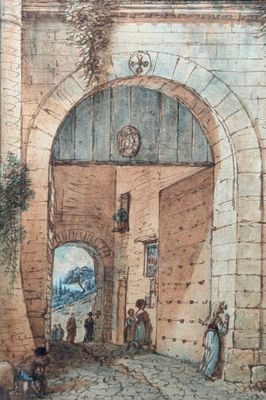 painting of a painting of a man and a woman in a courtyard