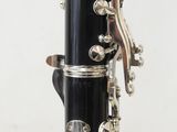 a close up of a black clarinet with a silver handle