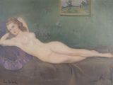 painting of a nude woman laying on a bed in a green room