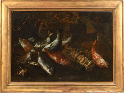 une peinture à l'huile représentant des poissons et des crabes sur un rebord près d'un arbre