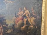 a painting of a group of people sitting on a rock