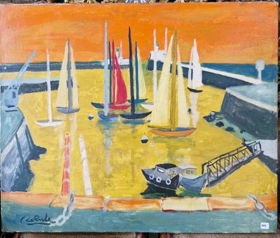 un tableau représentant des voiliers sur l'eau, près de la plage