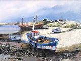 un tableau représentant un bateau sur le rivage d'une plage