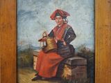 un vieux tableau représentant une femme assise sur une caisse en bois