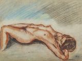 dessin représentant une femme nue allongée sur le dos, posée à même le sol