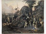 an old painting of a group of people standing around a man on a horse