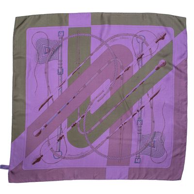 purple and green scarf with a picture of a musical instrument on it